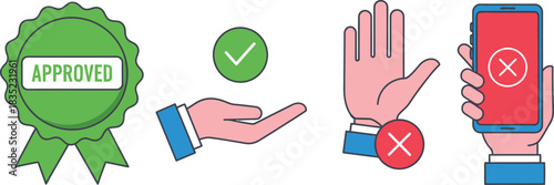 Approval Badge, Offering Hand with Check, Rejection Hand, Phone with Cross on White