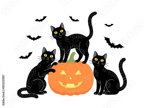 Three black cats and Halloween pumpkin