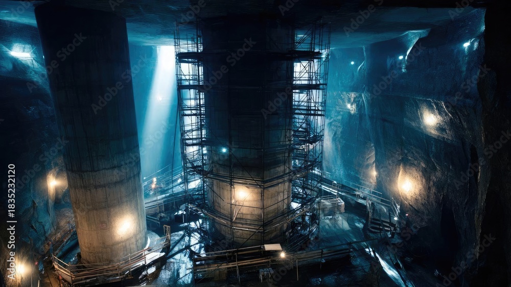 Obraz premium Underground cavern construction with a central cylindrical pillar wrapped in scaffolding, flanked by walkways and blue lighting. Concept Underground cavern construction
