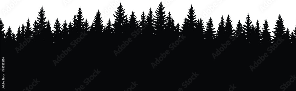Obraz premium Silhouette of a dense evergreen forest against a white background