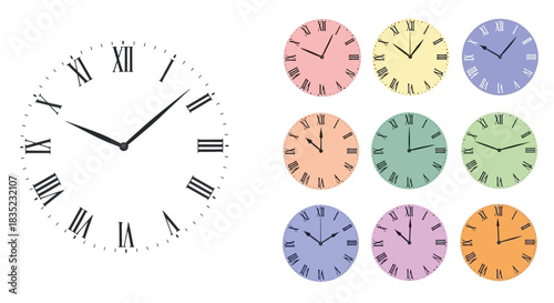 A collection of colorful analog clocks displaying various times of the day