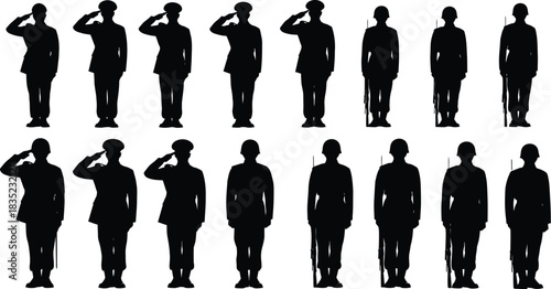 Silhouette of soldiers saluting in uniforms standing in formation