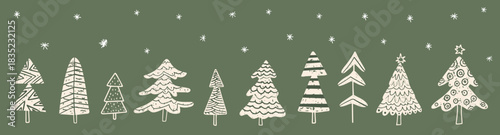 Cute Painted Vector Christmas Trees, Winter Graphic Design Elements for Banners and Backgrounds
