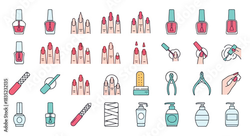 Colorful nail polish bottles manicured hands and tools for nail care