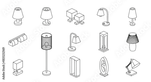 A collection of various lamps and lighting fixtures in line art style