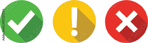 Approval Tick, Exclamation Mark, Cross Sign with Long Shadow on Isolated White Background