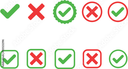 Approve & Decline Icons, Green Check Marks & Red Crosses on a Transparent Background