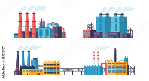 Industrial complex with smokestacks and factory buildings emitting pollution