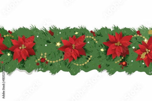 Seamless christmas garland with red poinsettias and gold beads