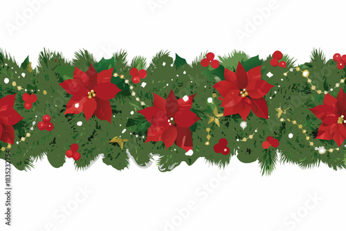 Christmas garland border with red poinsettias green fir branches and berries