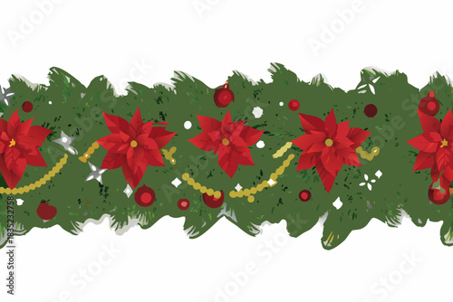 Festive christmas garland with poinsettias and ornaments