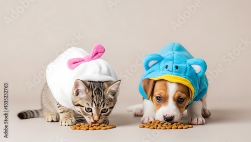 Adorable puppy and kitten duo share a meal together, showcasing Minimalist Pet Accessories on Clean background in a studio