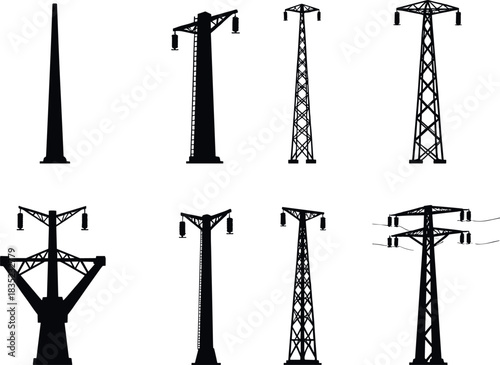 Transmission tower silhouettes, electric pylons, power lines, insulators, grid structures, engineering diversity, infrastructure network - flavector