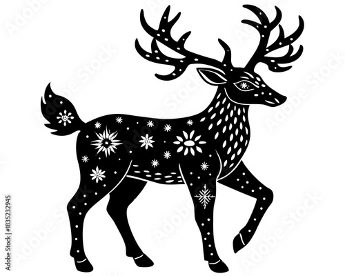 Stylized black deer with snowflake and floral ornaments on white background
