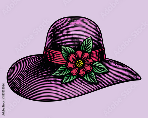 Vintage wide brim hat with red flower and green leaves decoration