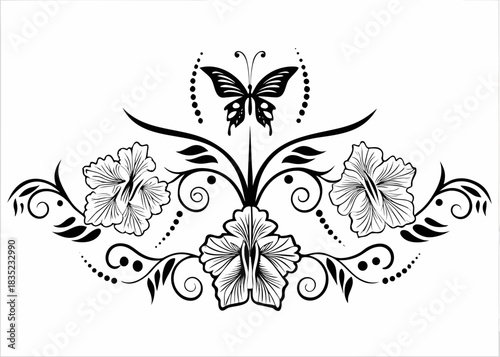 Elegant black and white floral butterfly design element