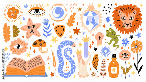 Whimsical collection of mystical and celestial elements in a flat design style