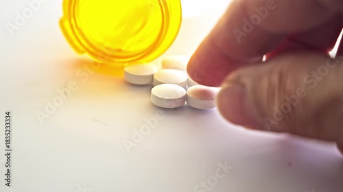Rotating white pills are shown next to an overturned yellow bottle.  