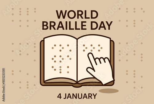 Vector illustration showing a hand reading a braille book celebrating World Braille Day on January 4, promoting accessibility and inclusion.  
