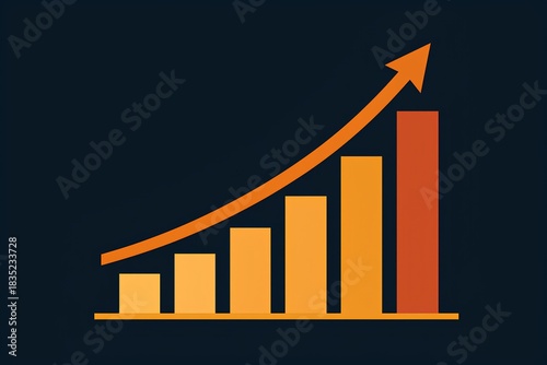 Ascending bar chart with upward arrow on dark background, business growth and positive results