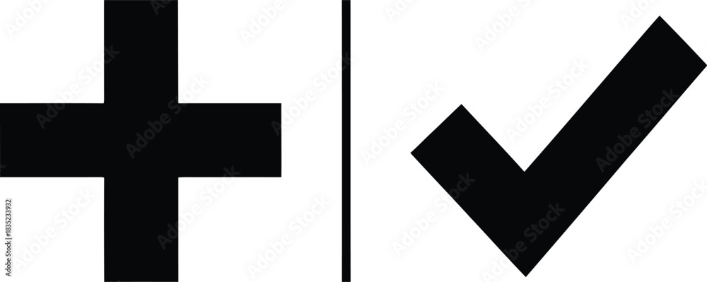 Obraz premium Black Plus Symbol Next to Vertical Line with Check Mark on Transparent Background