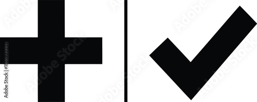 Black Plus Symbol Next to Vertical Line with Check Mark on Transparent Background