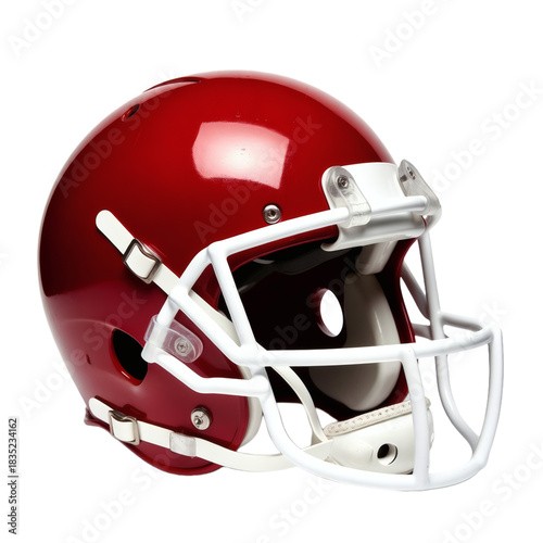 Glossy maroon american football helmet with white facemask