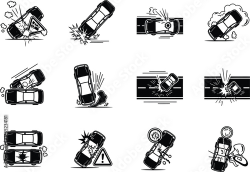 Car Crash Outline Icons Set, Auto Collision Design, Accident Vehicle, Wreckage