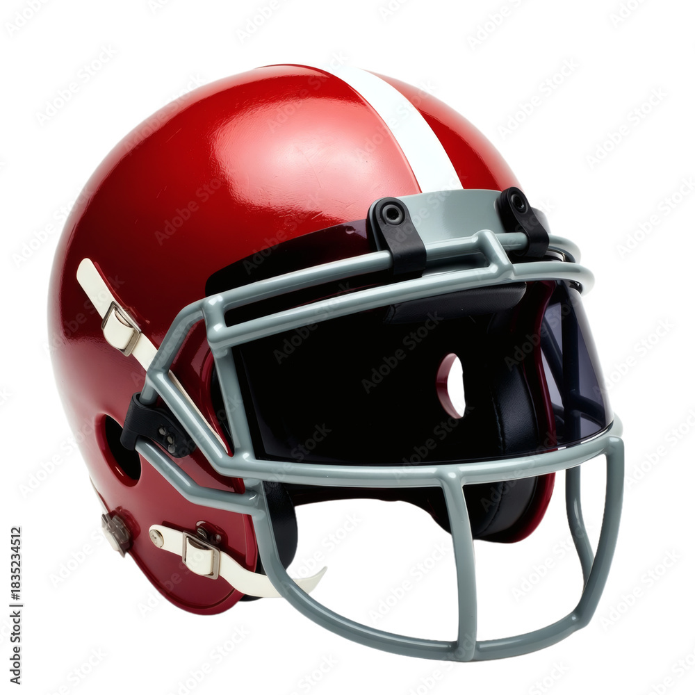 Fototapeta premium Shiny red football helmet with white stripe and gray face mask