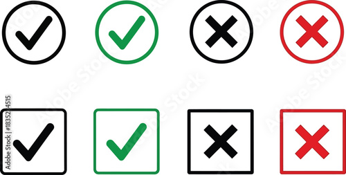 Check Mark and Cross Icon Set, Green Tick and Red X, Round and Square Symbols