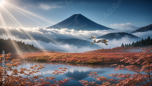 光に向かって空駆ける馬の招福イラスト