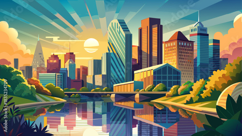 Very beautiful morning sunlight illuminates Austin’s modern skyline, casting crystal reflections across the calm Colorado River, creating a serene blend of nature, architecture, and peaceful waterfron
