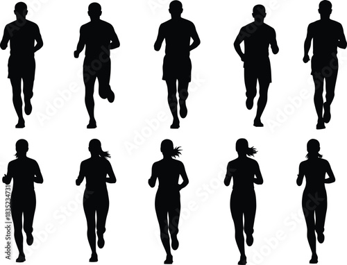 Silhouetted runners a group of people jogging against a white background