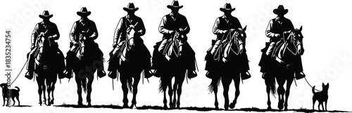 Silhouette of cowboys on horseback with dogs in a western landscape