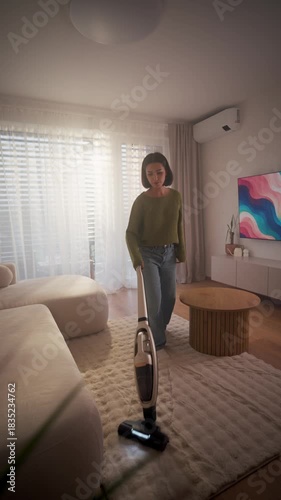 lively young woman diligently tidies her home using wireless vacuum cleaner in casual setting
