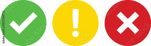 Check Mark, Exclamation Point, Cross Mark Icons in Green, Yellow, Red on White