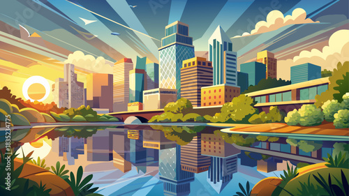Very beautiful morning sunlight illuminates Austin’s modern skyline, casting crystal reflections across the calm Colorado River, creating a serene blend of nature, architecture, and peaceful waterfron