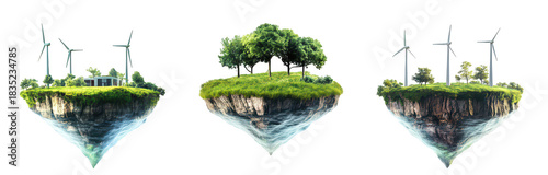 A serene floating island landscape featuring lush greenery. wind turbines. and a modern structure. set against a bright sky. illustrating a harmonious blend of nature and technology