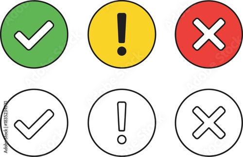 Check Mark, Exclamation, Cross Sign in Circles – Colorful and Outline Symbols on White