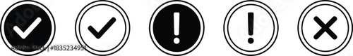 Check Mark,Exclamation,Cross Icons in Circles,Black and White,Transparent Background
