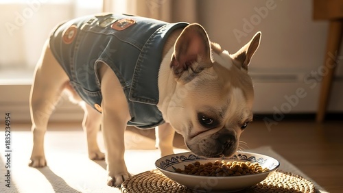 Minimalist Pet Accessories on Clean A Bulldog in a Denim Vest Enjoys Meal