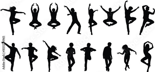 Silhouettes of dancers in dynamic poses, black vector figures in motion, expressive dance illustration for art, performance, culture, and design themes