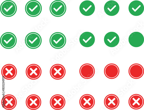 Check Marks & Cross Symbols Set with Red & Green Circles on a White Background