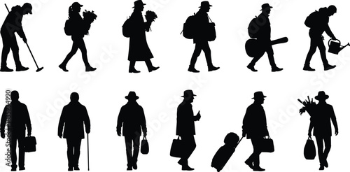 Silhouettes of diverse individuals with items, lifestyle vector illustration, black graphic icons for travel, work, hobbies, and daily activity themes
