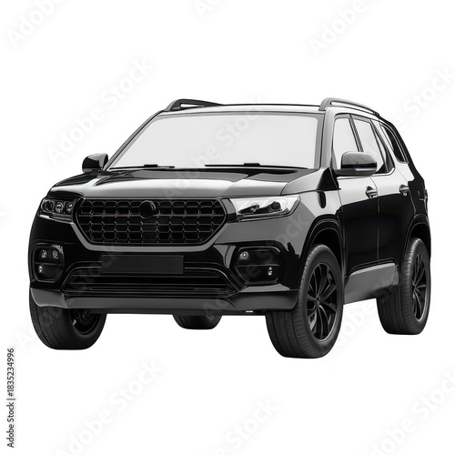 A sleek black SUV parked on a modern urban street. its stylish design and robust features. with a bustling cityscape and pedestrians in the background