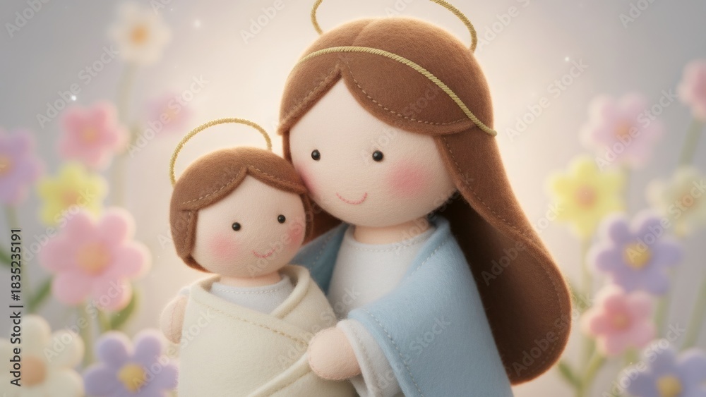 Obraz premium Knitted mother and child doll, representing Mary and baby Jesus. Religious nativity scene decoration for Christmas.