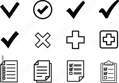 Checklist Icons Check Mark, Plus Sign, Cross Mark, Icons with Transparent Bg
