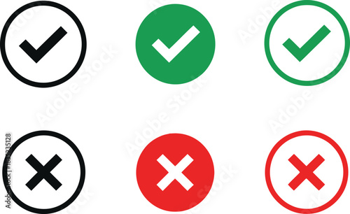 Checkmark & Cross Mark Symbol Icons Set; Green, Red, Black Circles, White Background