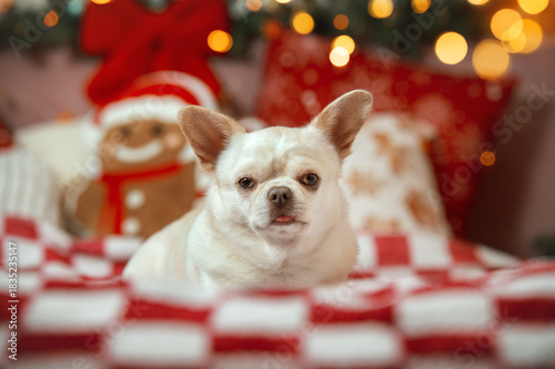 Chihuahua dog in Christmas time lying on a festive blanket at home with warm holiday decoration lights in the background