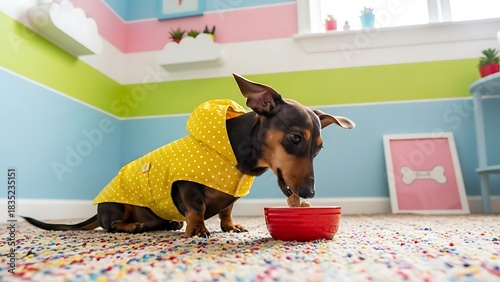 Minimalist Pet Accessories on Clean - Adorable Dachshund in Yellow Polka Dot Raincoat Enjoying Food